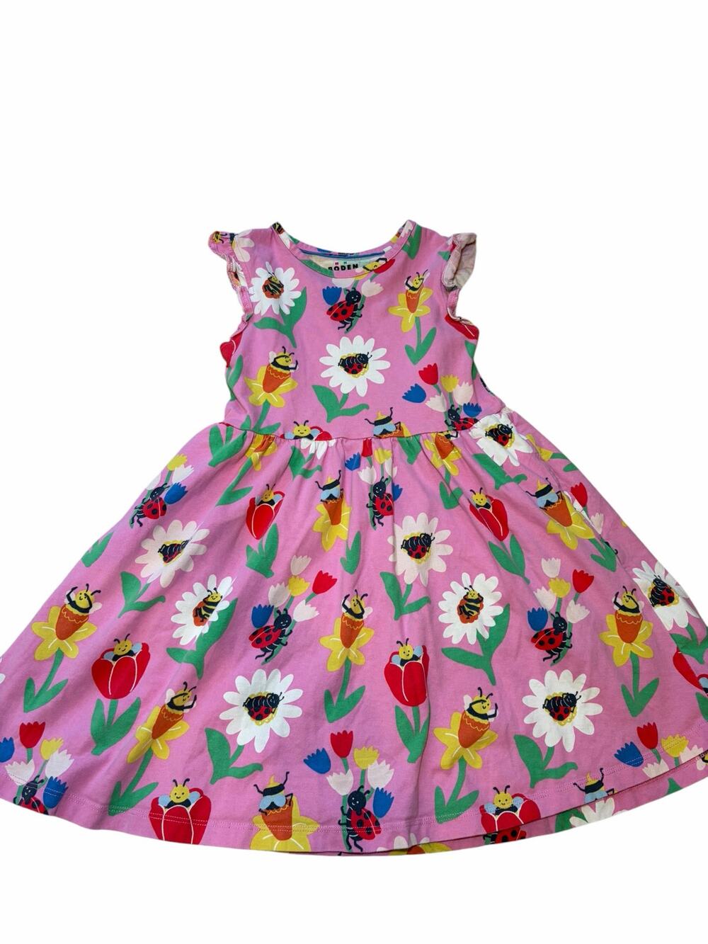 Mini Boden Girls Dress Size 7-8 Pink Floral Ladybug Bumblebee Cotton Dress